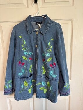 Blue Denim Jacket with Green & Pink Embroidered Floral Accents